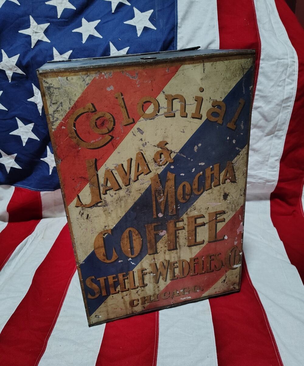 Antique General Store Tin Litho Colonial Advertising Coffee Bin Large